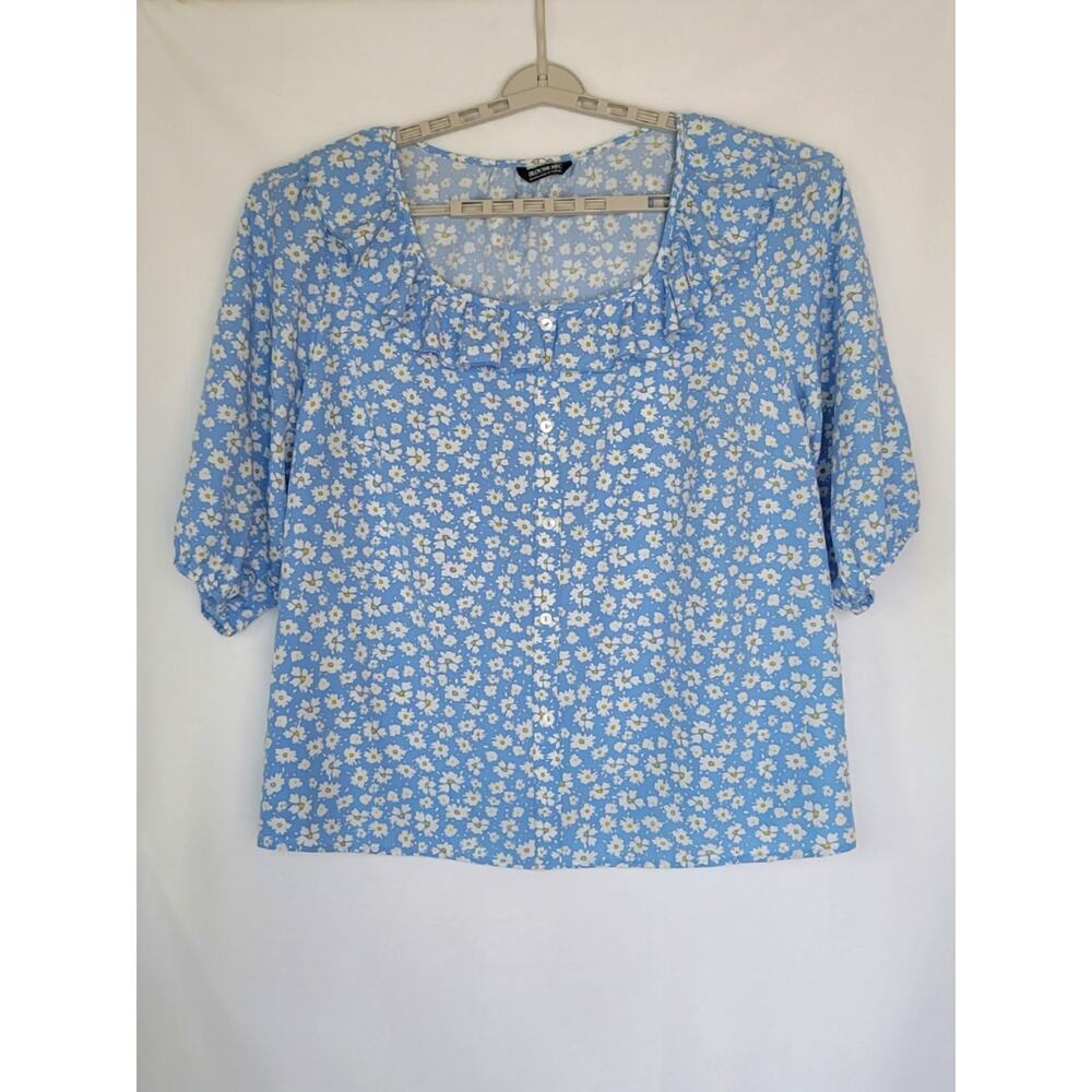 Bloomchic Light Blue White Flowers 3/4 Balloon Sleeve Ruffle Neck Blouse 22/24